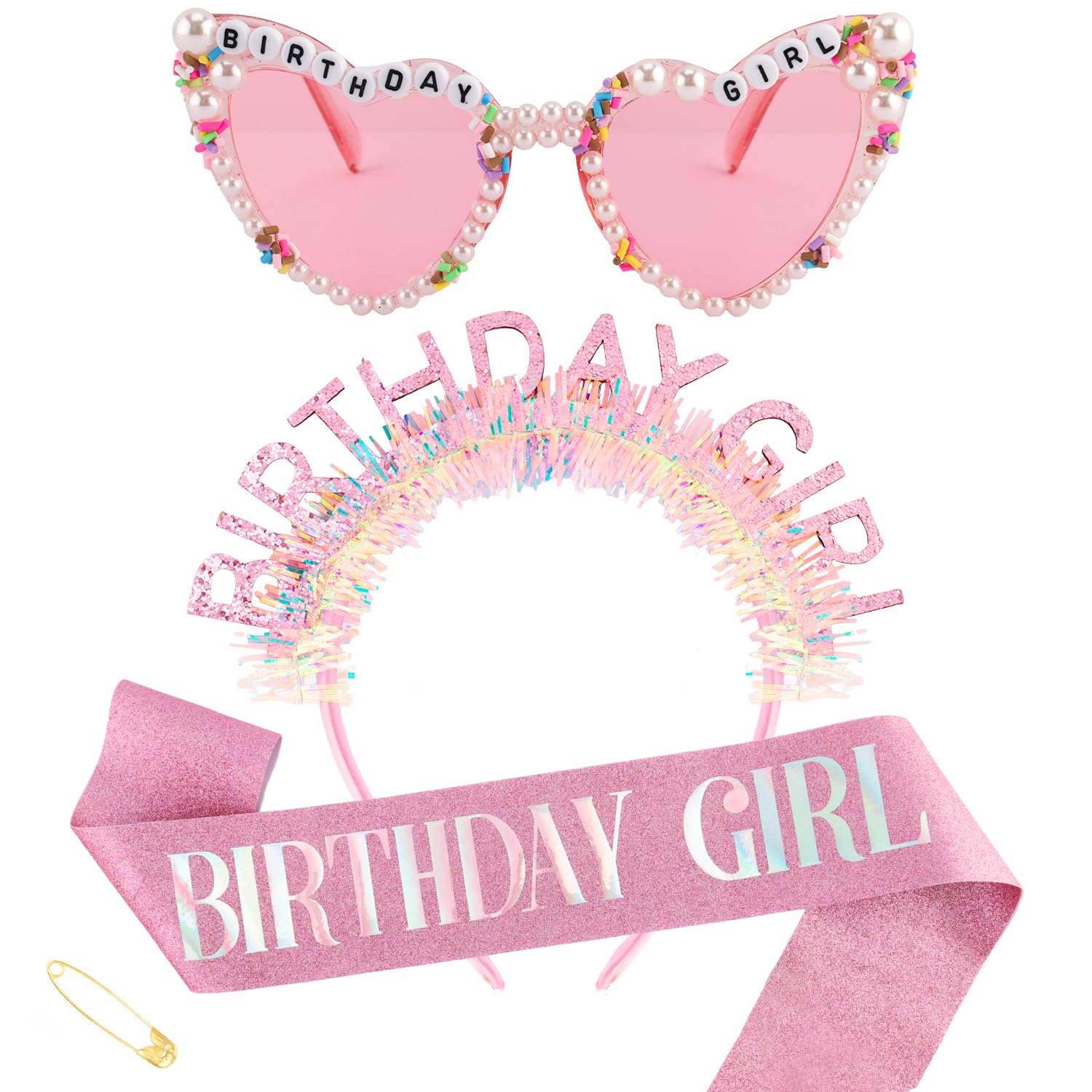 Birthday Sash Glitter - Birthday Girl Headband Sash Sunglasses Set,Pink